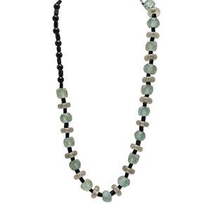 Handcrafted Recycled Green Glass Black Bead Necklace With Toggle Clasp